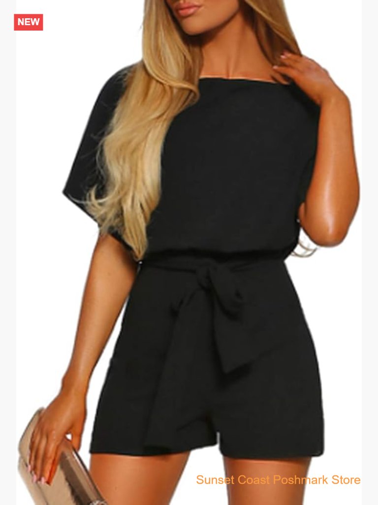 Belted Romper Keyhole Back Short Sleeve Jumpsuit Playsuit Summer